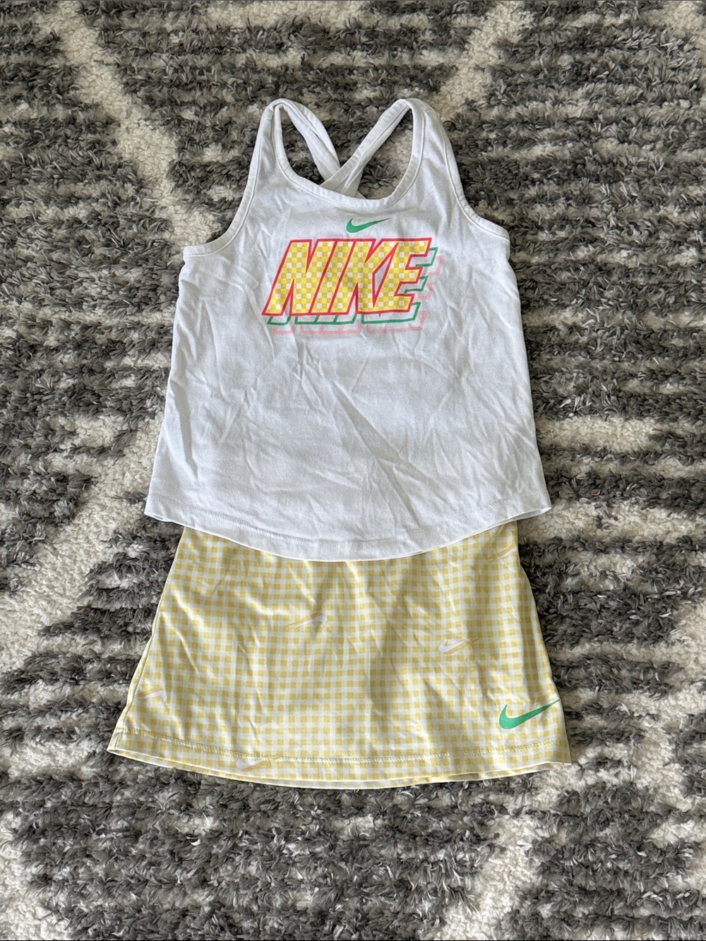Nike White Tank Top with Yellow & Pink Logo and Yellow Gingham Skort